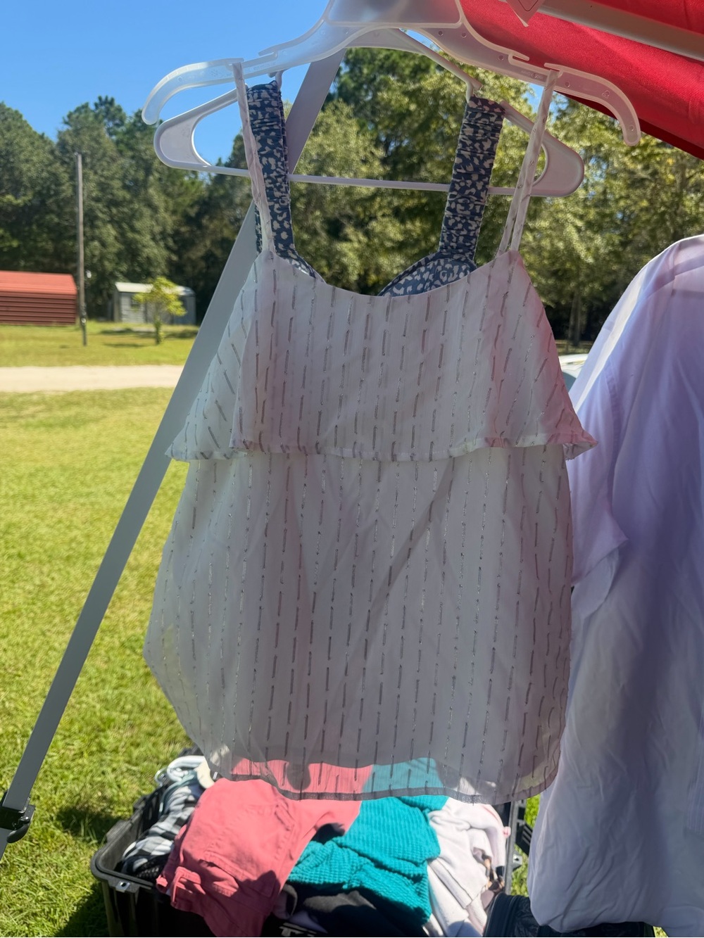 Girls White Ruffle Metallic-Striped Tank Top with Patterned Straps